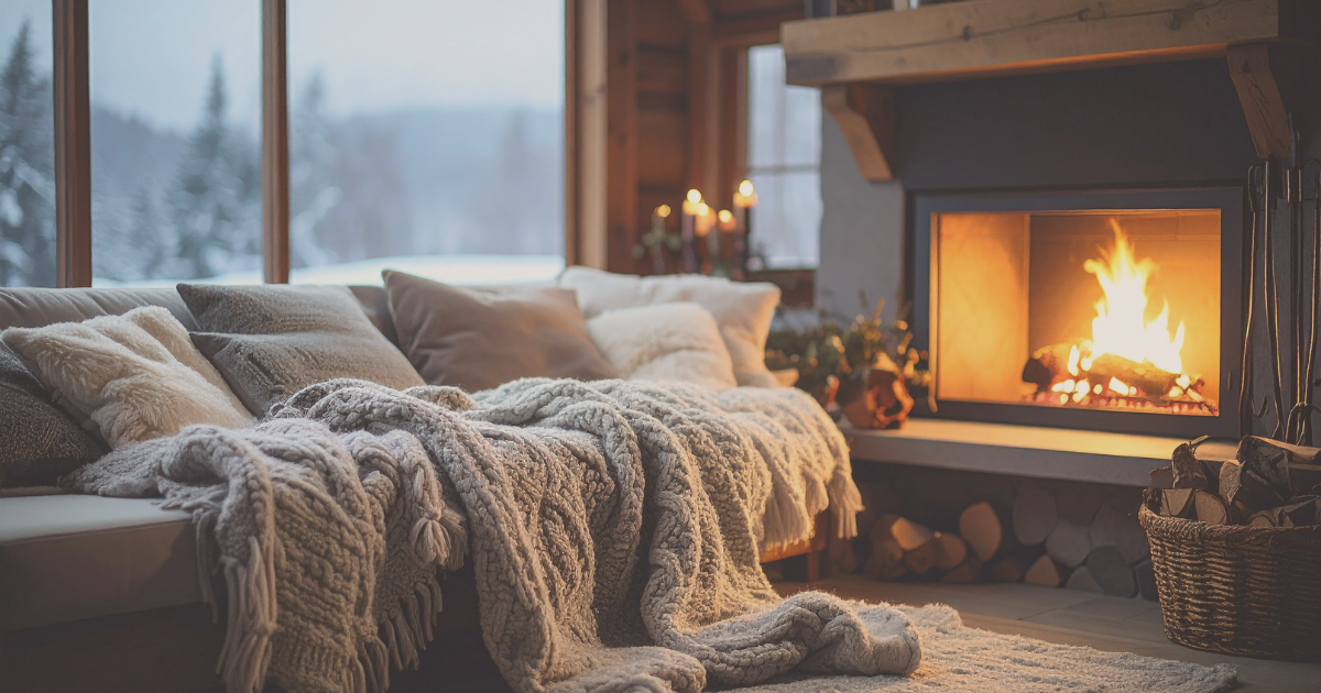 a cozy living room with a fire in the fireplace
